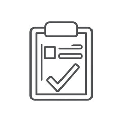 Line art icon depicting a clipboard with a successful checkmark on a document, symbolizing task completion, approval, and verified information