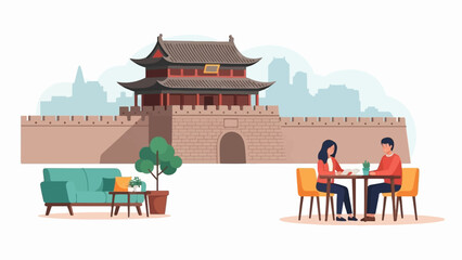 Couple enjoys a meal at a cafe with ancient Chinese architecture in background