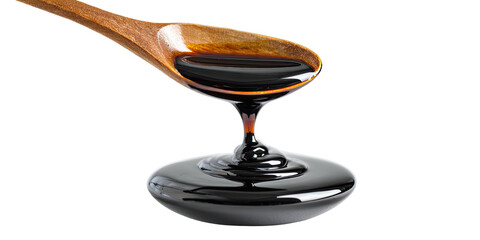 Dark, thick liquid dripping from a wooden spoon into a glossy puddle