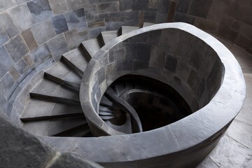 Fototapeta premium Spiral stone staircase with architectural curves and geometric design