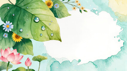 Obraz premium Watercolor summer floral background with lotus flowers, green leaves and space for text, botanical nature frame design