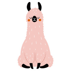 Obraz premium Flat vector illustration in a simple children's style. A cute pink llama sits with its eyes closed in a relaxed pose. Vector illustration