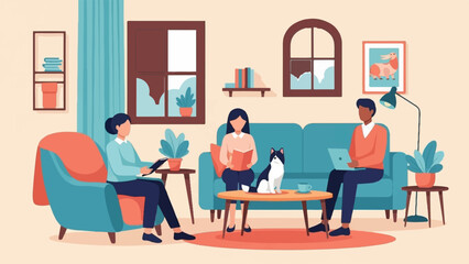 Cozy indoor scene with people relaxing and a cat on a sofa