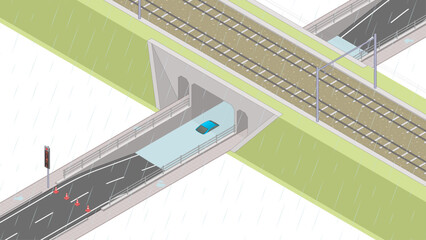 Naklejka premium アイソメトリック図法で描いた冠水したアンダーパスのイメージ / Flooded underpass. Isometric illustration