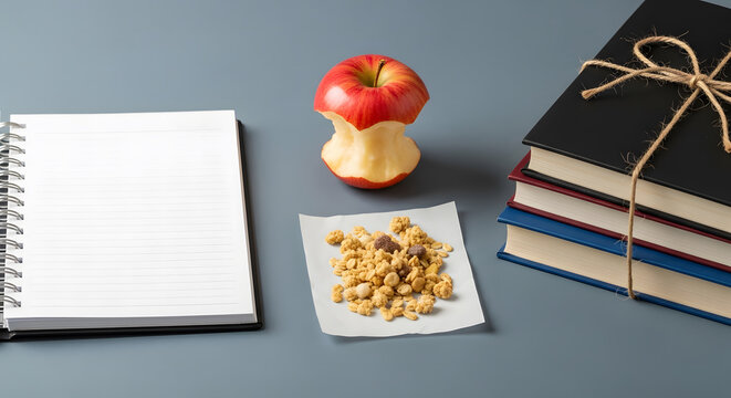 Eaten red apple core, granola, spiral notebook, and stack of boo