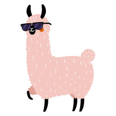 Obraz premium Flat vector illustration in a simple children's style. A cute pink llama wearing sunglasses. Vector illustration