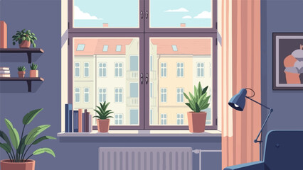 Cozy interior scene with plants, books, and window view of buildings