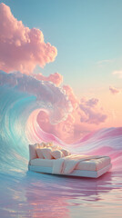 Dreamy Floating Bed on Pastel Ocean Waves at Sunset for Advertising, Relaxation and Mattress Promotion