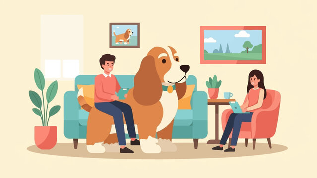 Cozy home scene with people and large dog, flat illustration style
