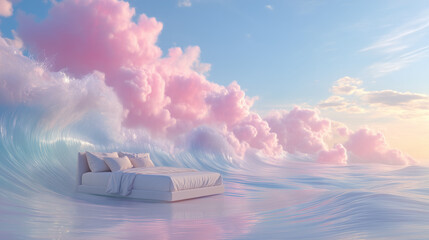 Dreamy Floating Bed on Pastel Ocean Waves at Sunset for Advertising, Relaxation and Mattress Promotion