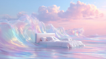 Dreamy Floating Bed on Pastel Ocean Waves at Sunset for Advertising, Relaxation and Mattress Promotion