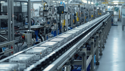 Fototapeta premium Assembly line conveyor carrying metal components high tech factory with automated machinery