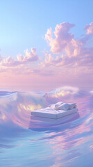 Dreamy Floating Bed on Pastel Ocean Waves at Sunset for Advertising, Relaxation and Mattress Promotion