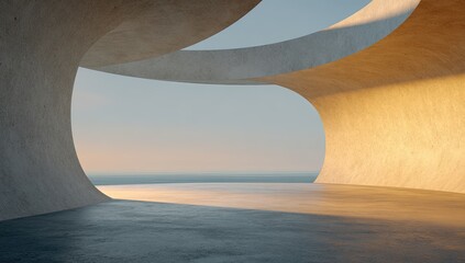 Modern architectural interior with curved concrete ceiling, natural light, and ocean view