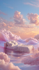 Dreamy Floating Bed on Pastel Ocean Waves at Sunset for Advertising, Relaxation and Mattress Promotion