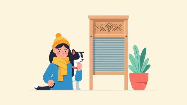 Cozy scene of a girl and her dog by a washboard and plant