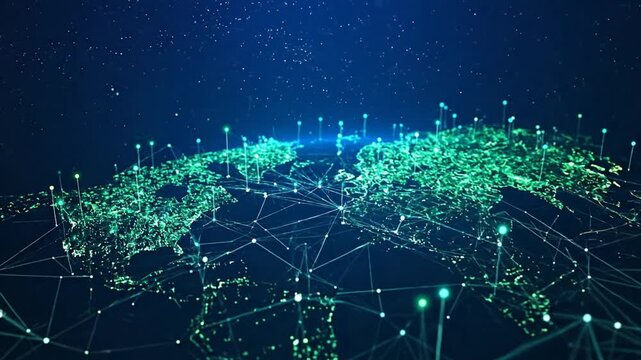 A digital representation of Earth with glowing nodes connected by lines against a starry, blue background