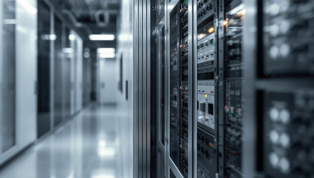 Server rack and data center corridor with cool lighting and reflective floor