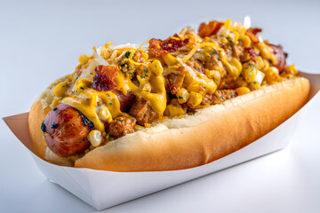 Naklejka premium Detailed Studio Shot of a Delicious Toronto Street Meat Hot Dog with Cheddar and Toppings