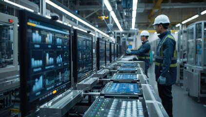 Fototapeta premium Smart factory assembly line with multiple industrial monitors and workers monitoring production