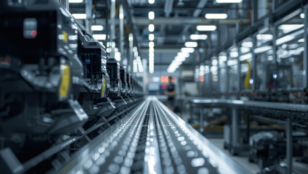 Smart factory assembly line with blurred technician and cool lighting, efficient atmosphere