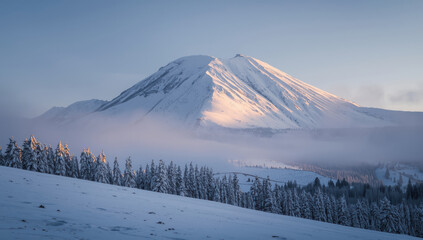 Snowy volcanic mountain at sunrise with misty valley and frosted pine forest