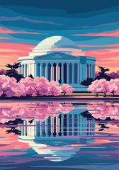 Naklejka premium Vector illustration of the Jefferson Memorial with cherry blossoms and reflection at sunset