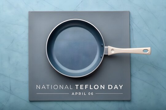 Celebrate national teflon day on april sixth with a clean nonstick frying pan displayed artistically on a modern gray surface against a textured blue background overhead.