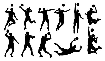 Obraz premium Volleyball Players Silhouette Set in Dynamic Action Poses Sporting Athletes Vector Illustration