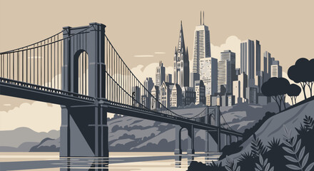 Obraz premium San Francisco Cityscape Vector Illustration with Golden Gate Bridge and Skyline