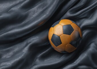 A textured football rests on a draped, dark fabric with gentle folds and a subtle sheen