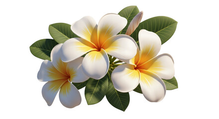 Naklejka premium White and yellow plumeria flowers with green leaves isolated on transparent background transparent background