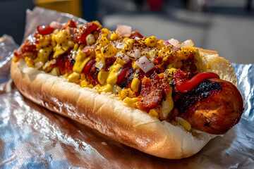 Naklejka premium Close-Up Glorious Shot of a Delicious Hot Dog on Toronto's Street Food Scene