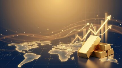Gold investment gold bar financial growth stock market global finance forex wealth savings profit currency chart Gold investment with stacked bar world map background, glowing forex chart