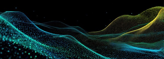 A digital landscape, a complex visualization of glowing particles, in shades of blue and gold