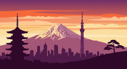 A minimalist vector illustration of the Tokyo skyline at sunset, featuring Mount Fuji and a traditional pagoda © PDWN Creative