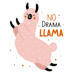 Obraz premium Flat vector illustration in a simple children's style. A cute pink llama is jumping happily, lettering. Vector illustration