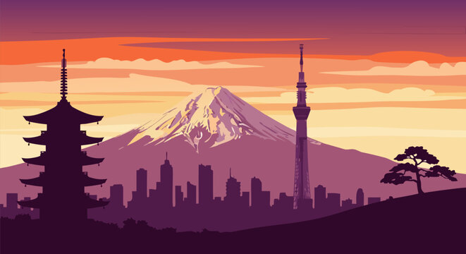 A minimalist vector illustration of the Tokyo skyline at sunset, featuring Mount Fuji and a traditional pagoda