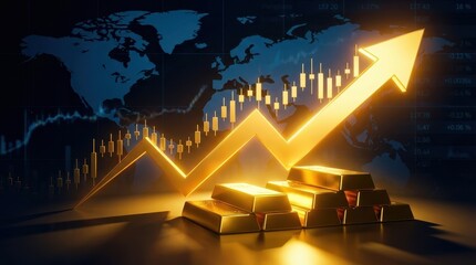 Gold bar stack arrow uptrend growth finance profit investment wealth Gold bar stack glowing arrow uptrend growth finance profit investment wealth concept with stock chart and world map background