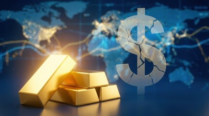 Gold bar dollar symbol currency market financial crisis investment risk global economy trading chart wealth concept economic decline precious metal gold bar dollar symbol currency market financial