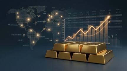 Gold bar gold finance investment price chart stack wealth business growth Rising gold bar stack symbolizing wealth and finance growth with glowing world map background and upward price chart trend