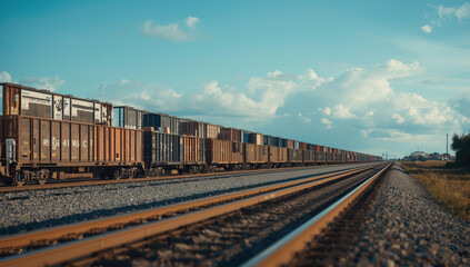 Fototapeta premium Long freight train on railway tracks under dramatic cloud sky conveying motion and solitude