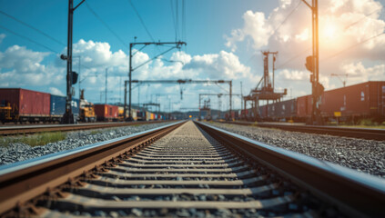 Obraz premium Railway track leading to distant freight yard under sunny sky with clouds and industrial cranes