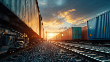 Fototapeta premium Container freight train at sunset with dramatic sky and glowing light