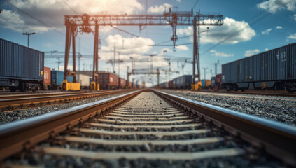 Fototapeta premium Low angle freight rail yard with container trains, industrial cranes, dramatic sky