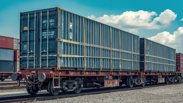 Blue freight container train on flatbed rail cars under sky with clouds