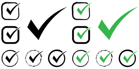 Collection of various checkmark tick icons in black and green colors with different grunge and clean styles