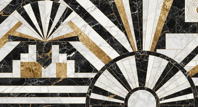 A close-up of a luxurious black, white, and gold marble mosaic floor design