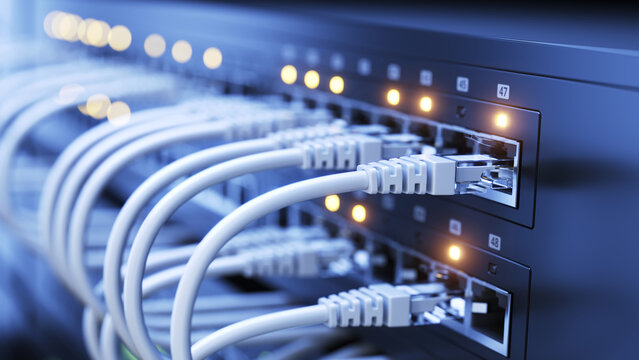 Network switch and network ethernet cables in modern server room data center. 3d illustration