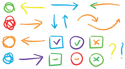 Colorful handdrawn doodle collection of various arrows symbols checkmarks and question marks on transparent background